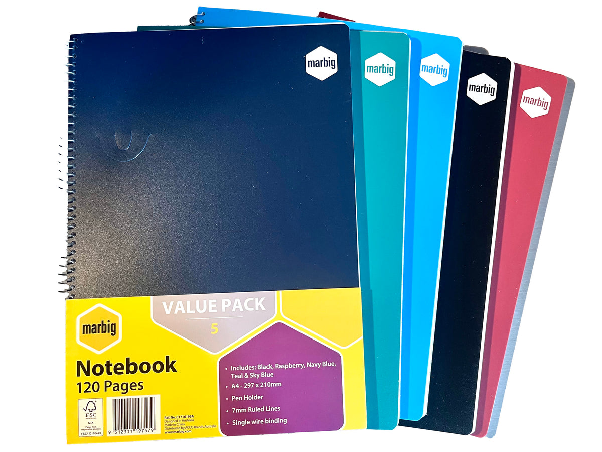 Marbig A4 Notebook 7mm Ruled 120 Pages (Value Pack of 5) playspy